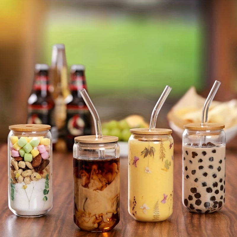 Five glass jars with various contents on a wooden table, with blurred background