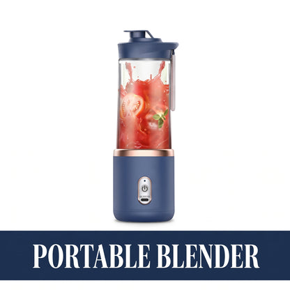 A portable electric blender with a navy blue base, rose gold metallic accent band, and matching navy lid, shown with a clear container filled with red tomato slices and juice. A dark blue banner at the bottom reads 'PORTABLE BLENDER' in white text.