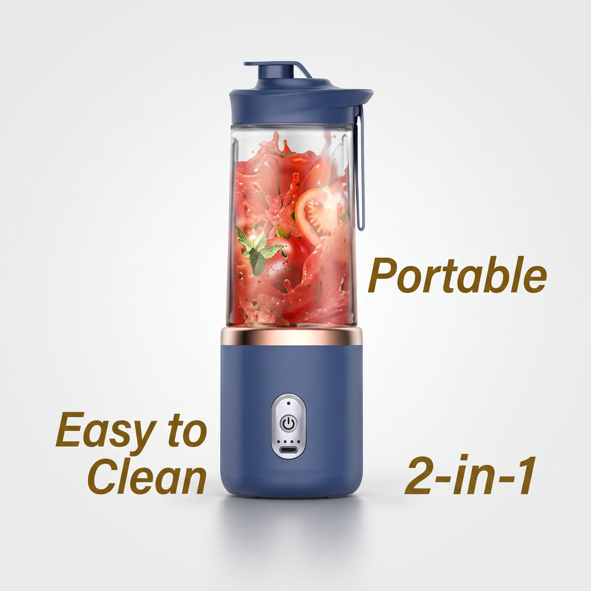 A portable electric blender with a navy blue base, clear jar, and navy lid, shown with food inside on a light gray background with text overlays reading 'Portable', 'Easy to Clean', and '2-in-1'.
